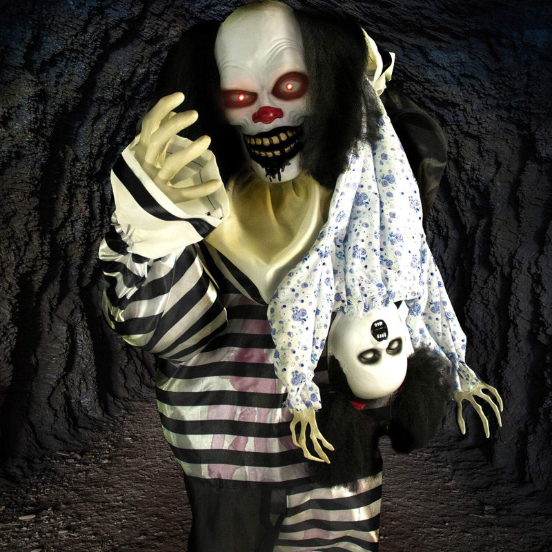 The Holiday Aisle Life Size Animatronic Scary Talking Clown With Doll Motion Touch Activated Lights And Sounds Indoor Or Covered Outdoor Halloween Decorations Battery Operated Halloween Props Wayfair ...